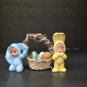 Vtg Easter Bunny Baby Pixies Ceramic Hand Painted Set Of 2~Kitschy~Cute ♡ Basket